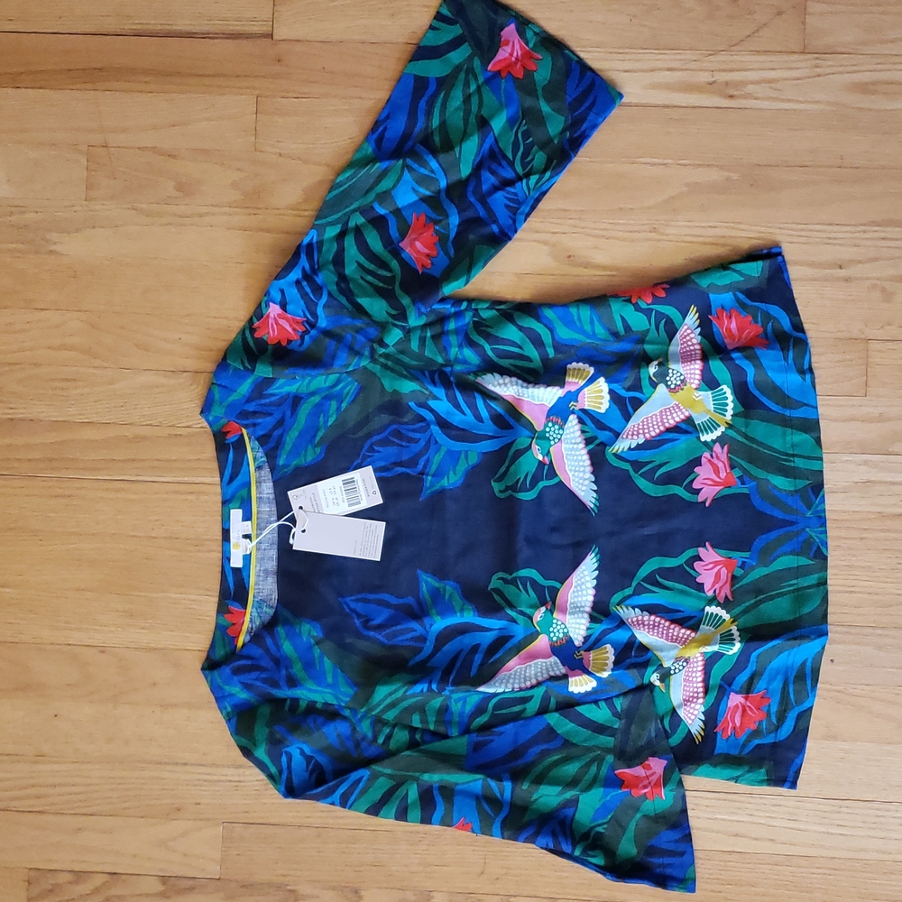 NWT Boden Linen Birds Navy Top Blue Green Colorful Parrots Size US 8 W0700